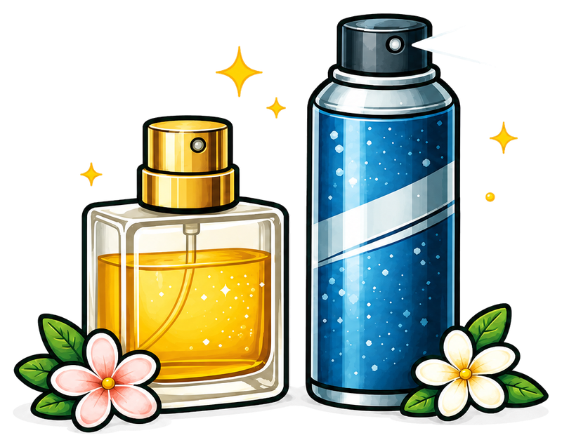Perfumes, deodorants and pain relief spray illustration