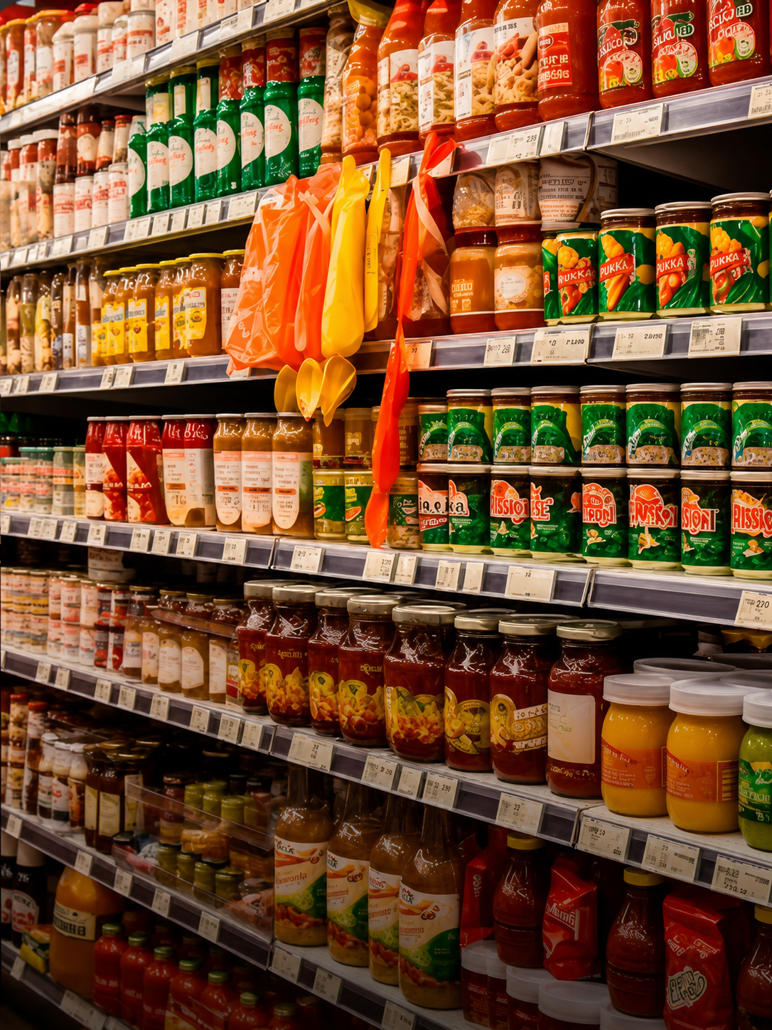 Food products on store shelves