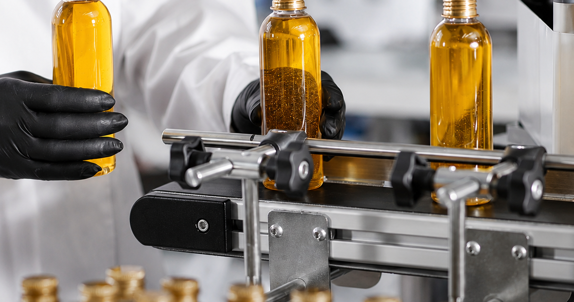 Production line filling amber bottles