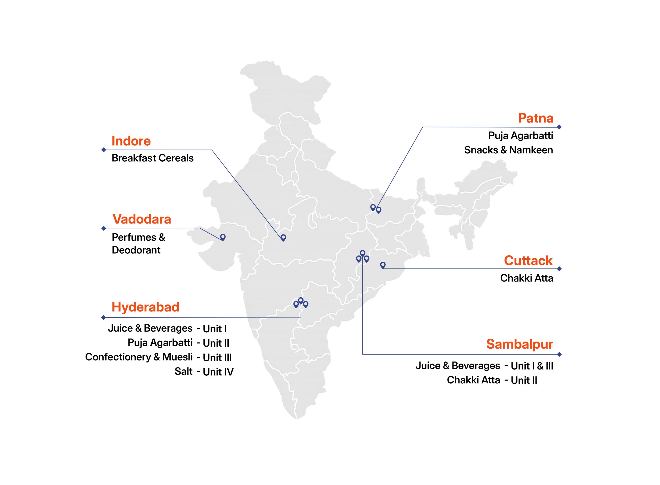 India manufacturing footprint showing facilities in Indore, Hyderabad, Patna, Cuttack and Sambalpur