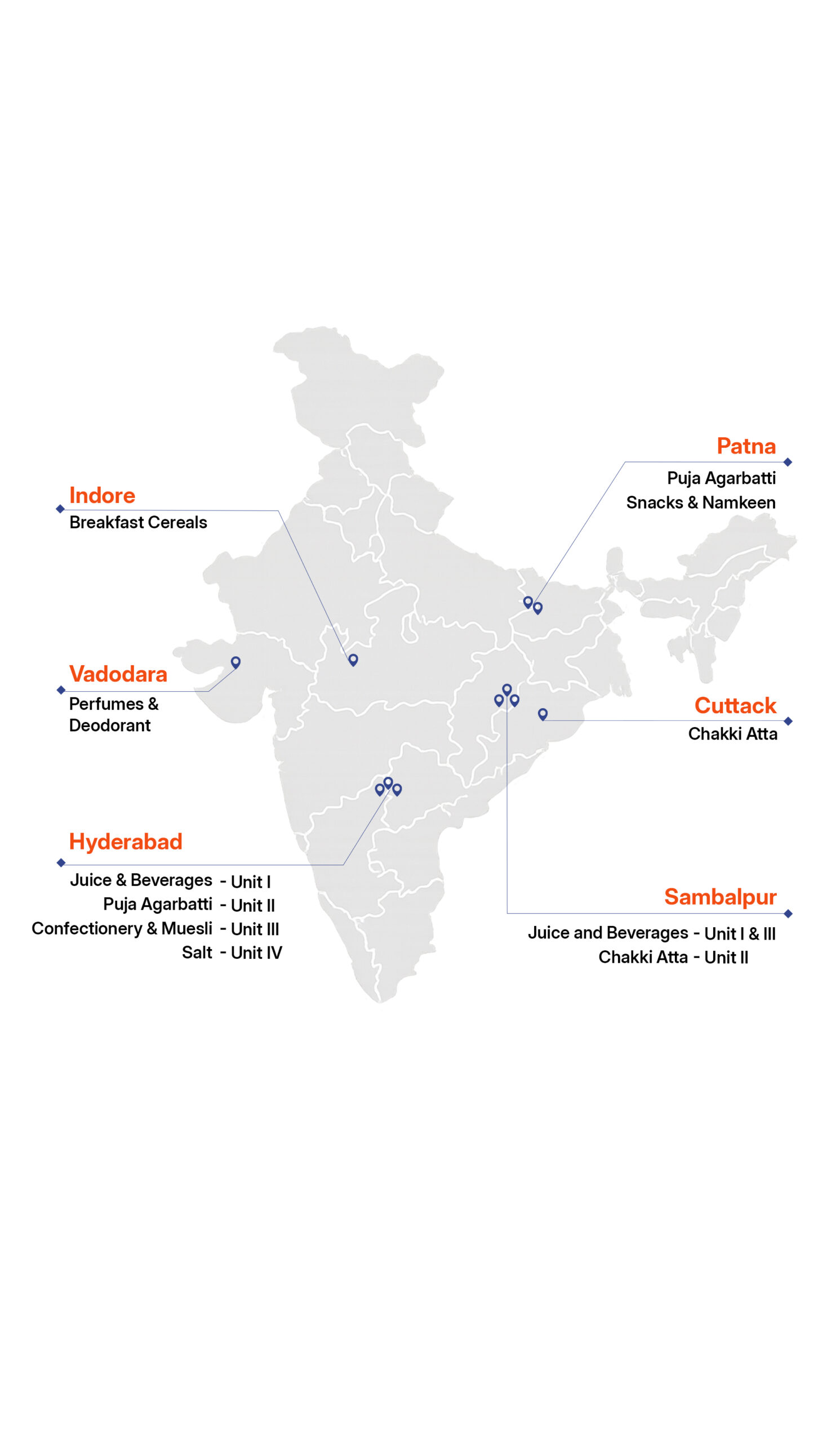 India manufacturing footprint showing facilities in Indore, Hyderabad, Patna, Cuttack and Sambalpur
